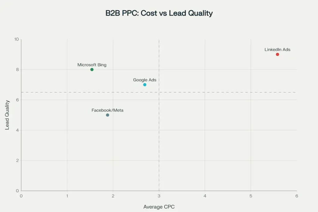 Strategic positioning of B2B PPC platforms based on cost per click and lead quality scores, revealing Microsoft Bing Ads as the optimal value option.