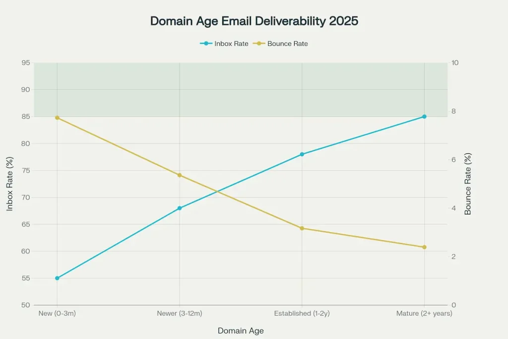 Domain age impact showing new domains (55% inbox) face severe penalty vs mature domains (85% inbox), a 30 percentage point difference